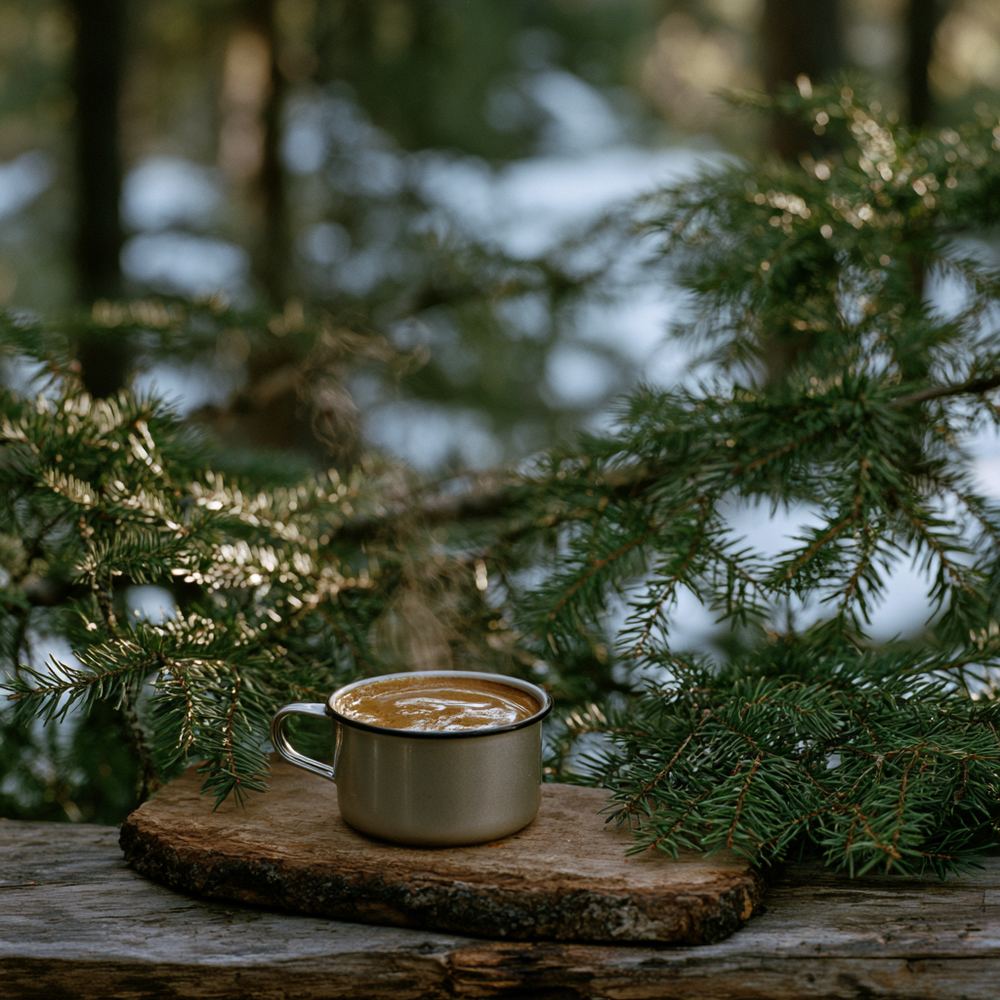 Double espresso in a small enamel camp cup