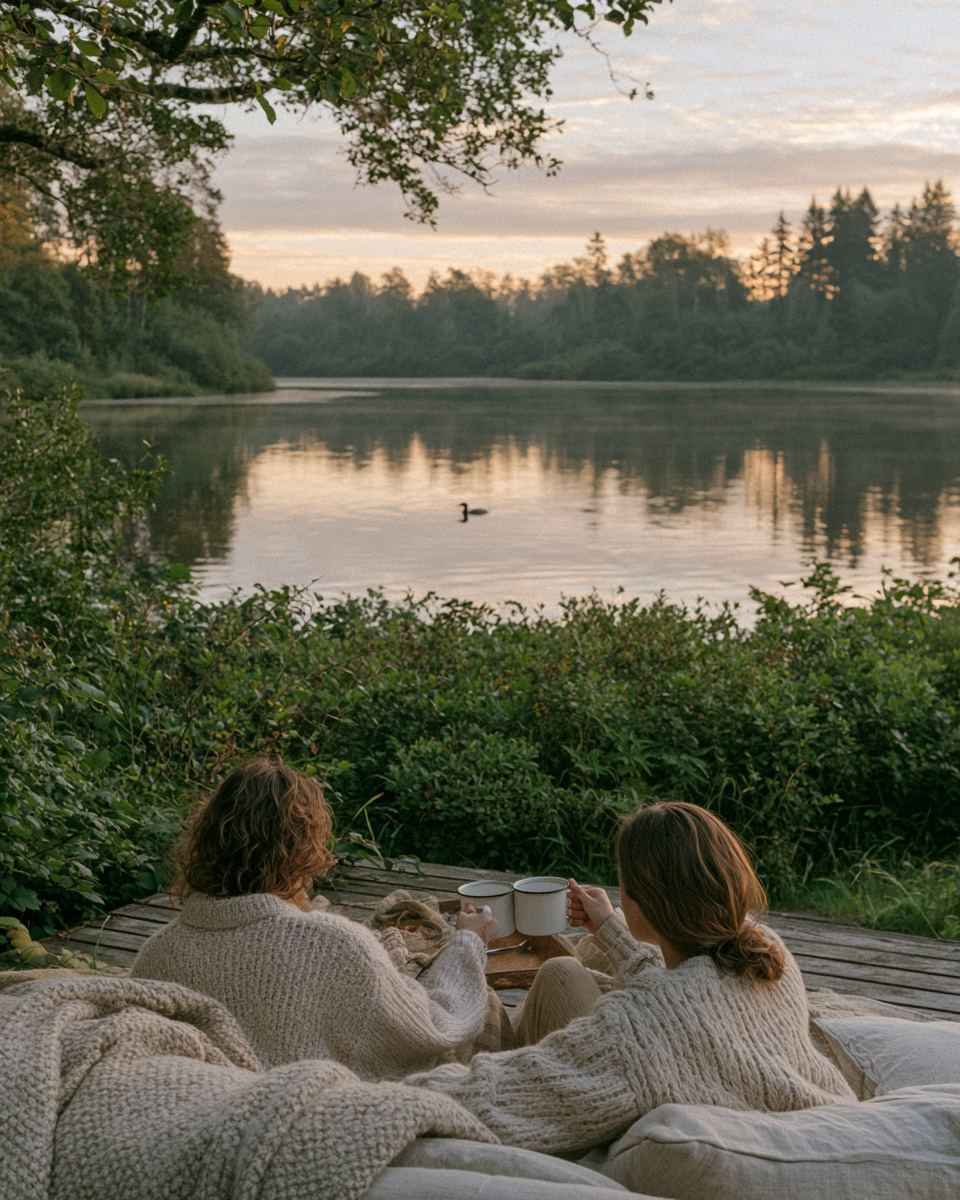 Two people in wool sweaters clinking enamel coffee mugs