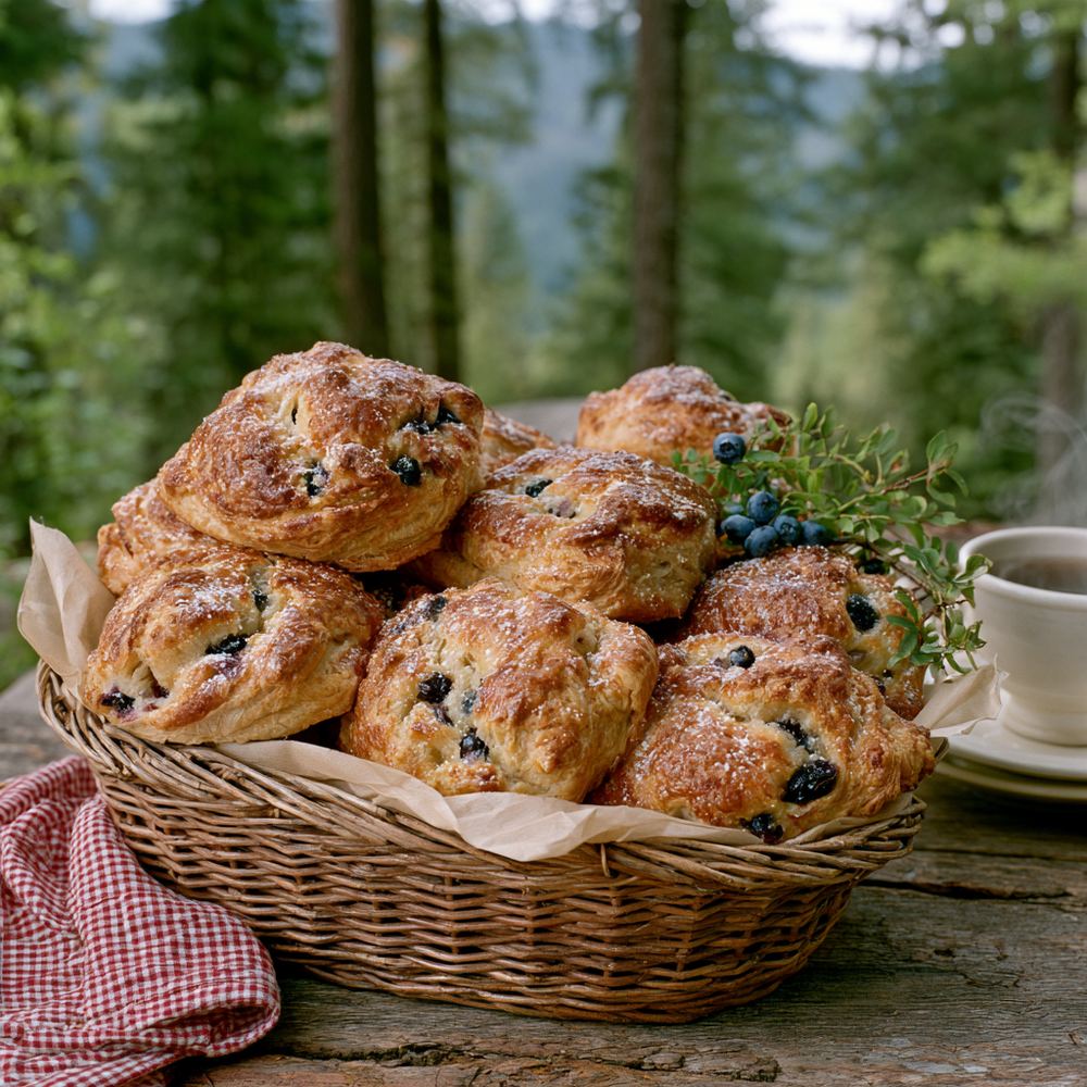 Golden-brown fruit turnovers and blueberry muffins